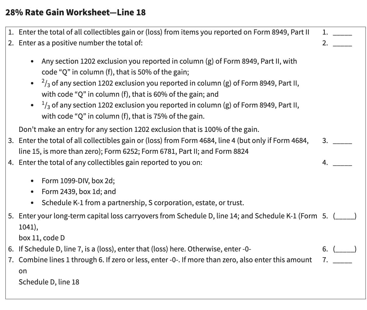 28% rate gain worksheet for Line 18 calculations