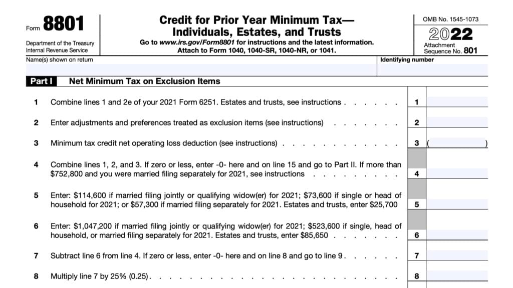 irs form 8801, credit for prior year minimum tax--Individuals, estates, and trusts
