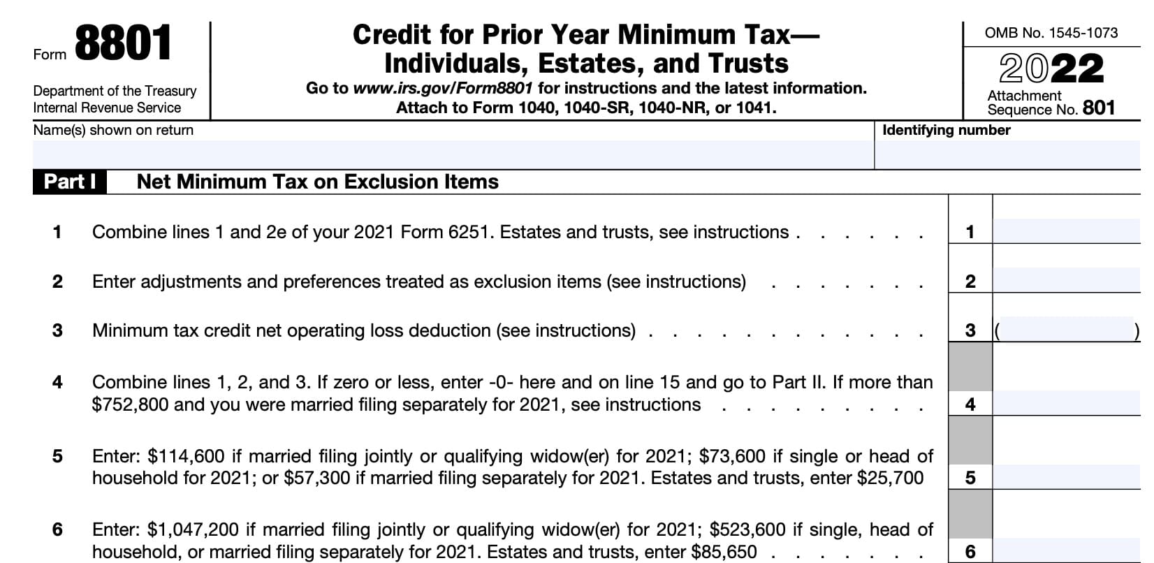 irs form 8801, part i: net minimum tax on exclusion items, lines 1 through 6