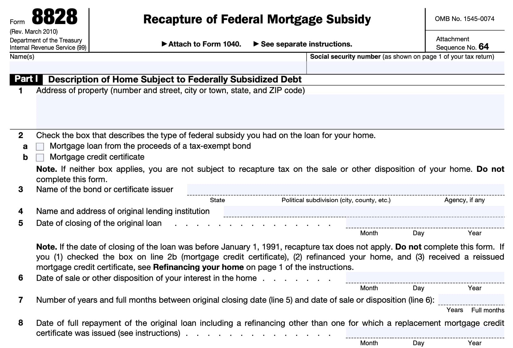 irs form 8828, part i: description of home subject to federally subsidized debt