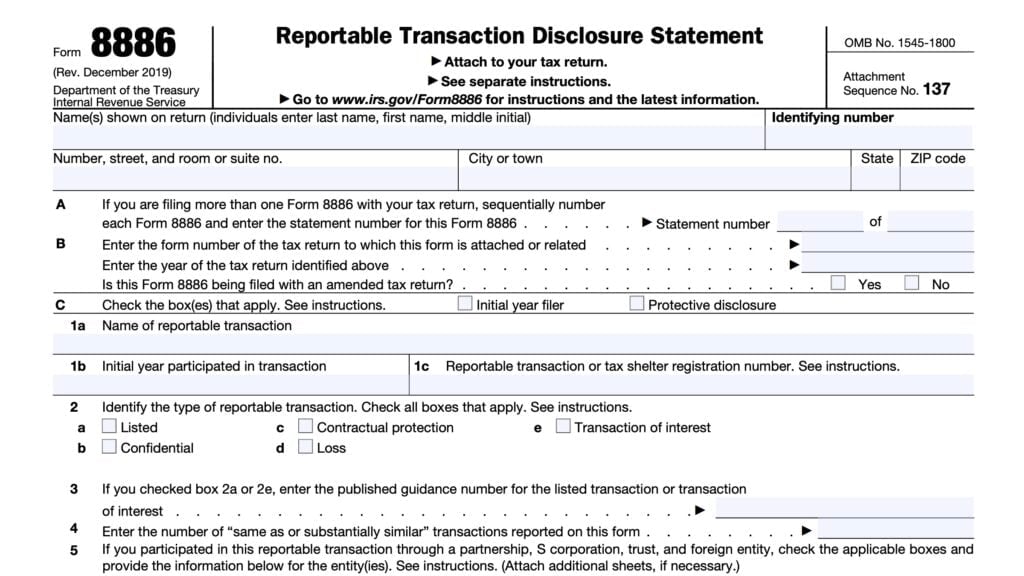 IRS Form 8886, Reportable Transaction Disclosure Statement