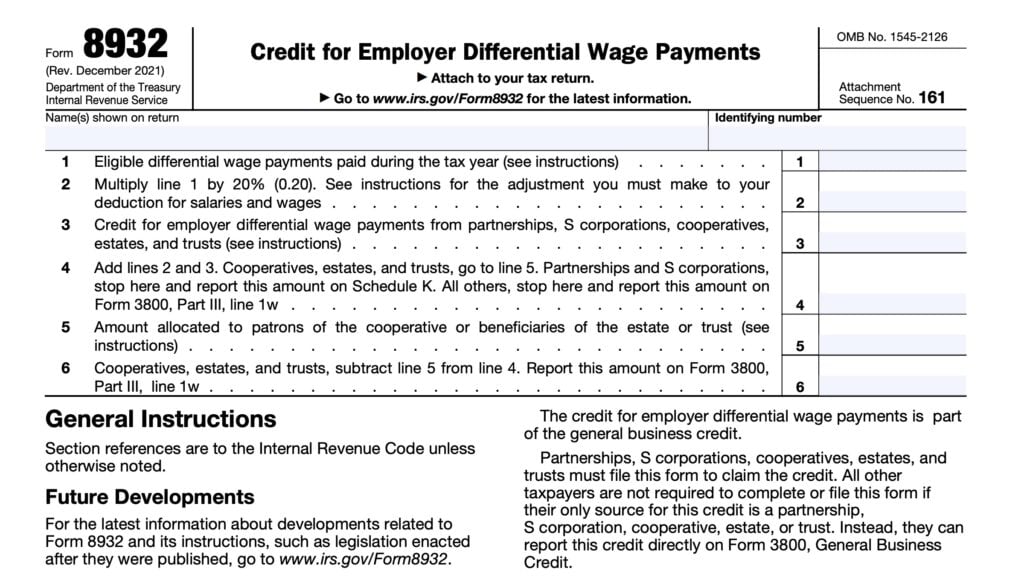 irs form 8932: credit for employer differential wage payments