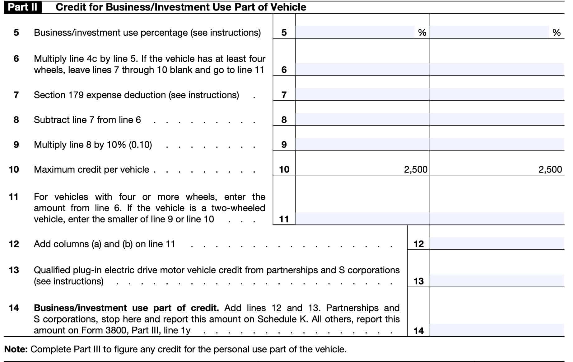 Part ii: credit for business/investment use part of vehicle