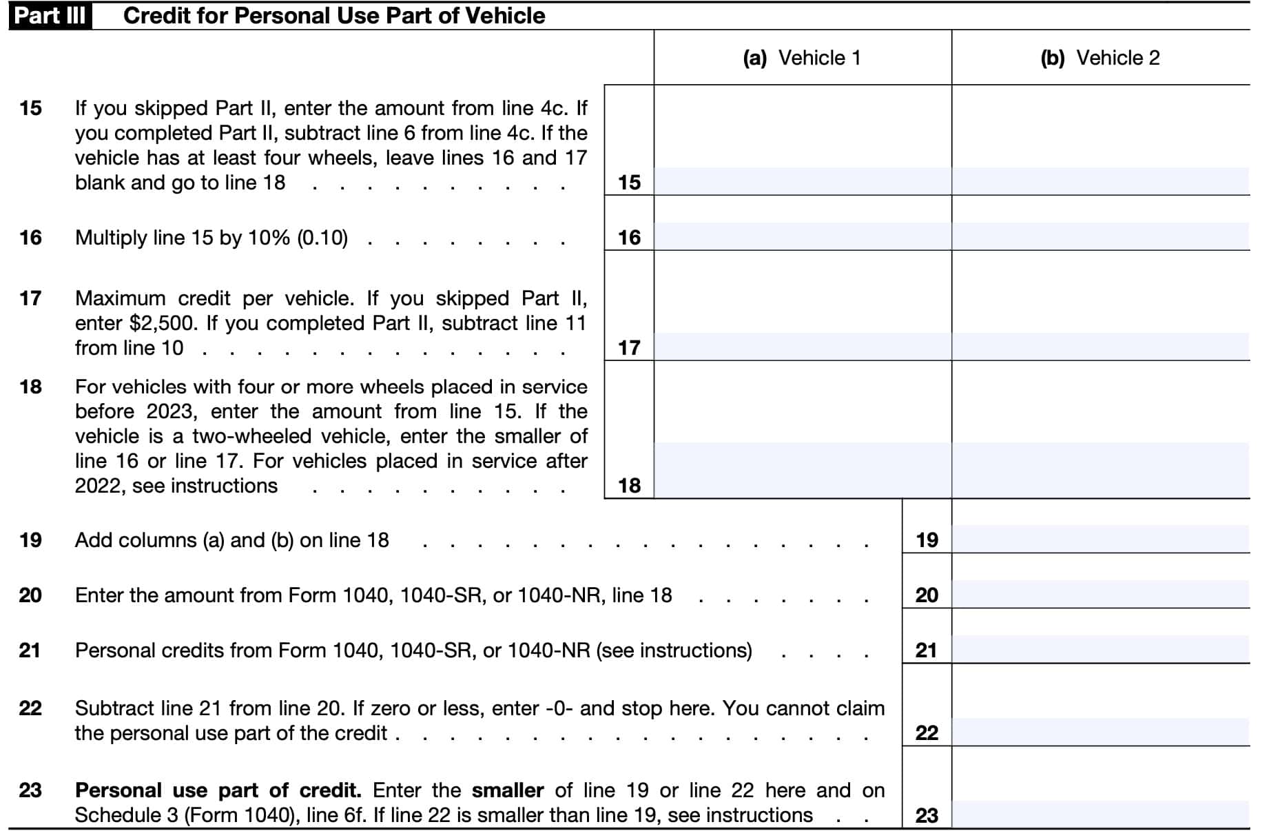 irs form 8936 part III: credit for personal use part of vehicle