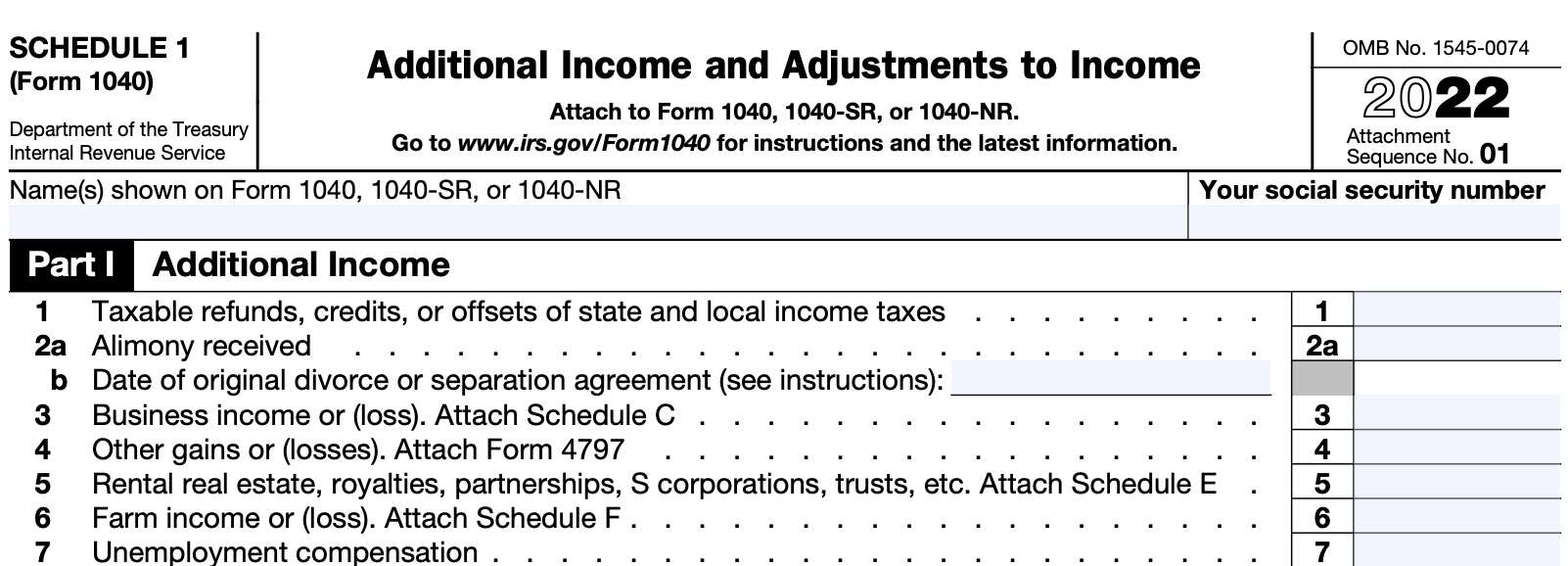 irs schedule 1, part i: additional income, lines 1 through 7