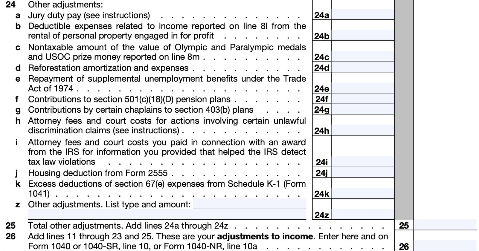part ii: adjustments to income, lines 24 through 126