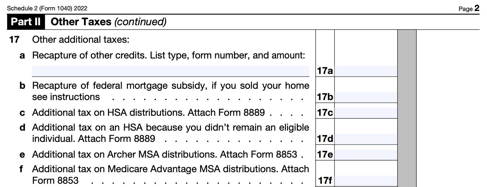 Line 17a through 17f: Other taxes