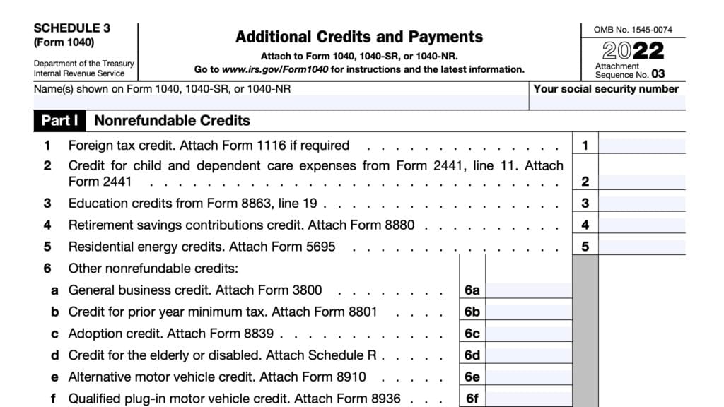 IRS Schedule 3, Additional Credits & Payments