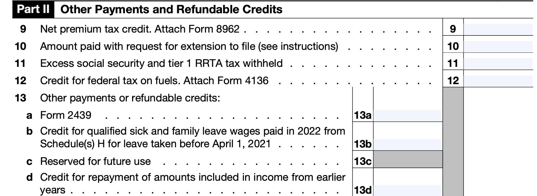 irs schedule 3, part II: other payments and refundable credits
