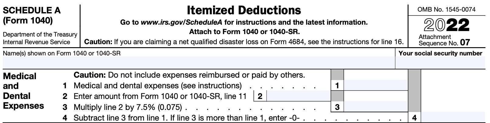 irs schedule a, itemized deductions: medical and dental expenses