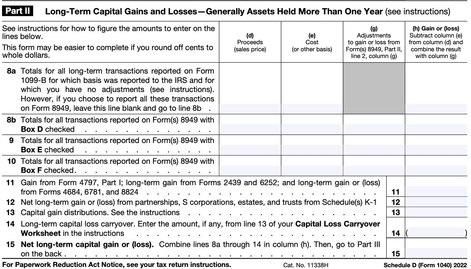 IRS Schedule D, Part II: Long-term capital gains and losses