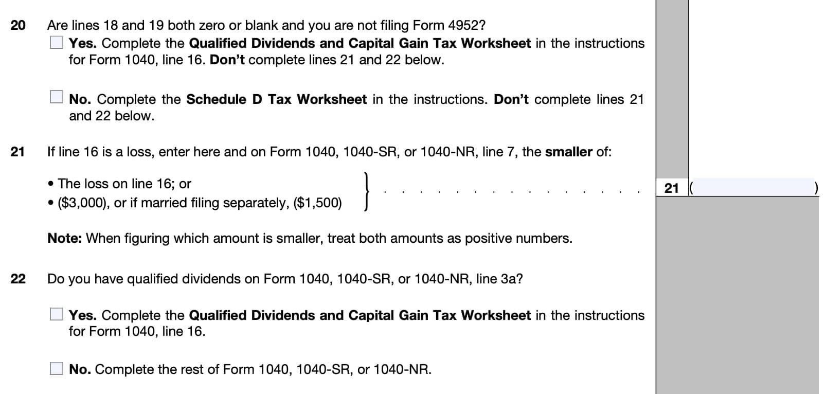 IRS Schedule D, lines 20-22