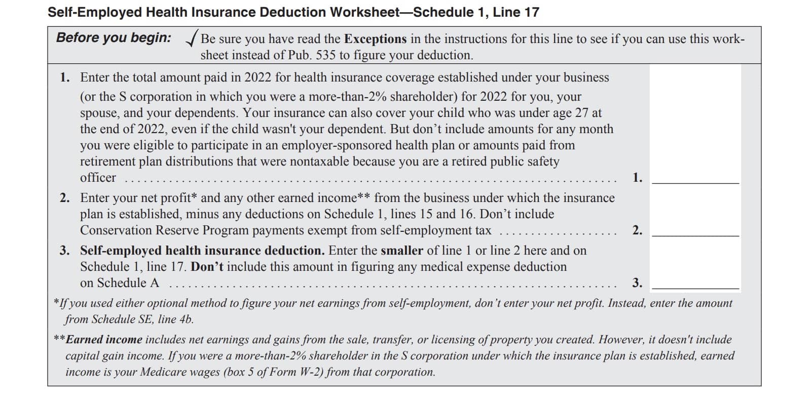 IRS Schedule 1, line 17, self-employed health insurance deduction worksheet