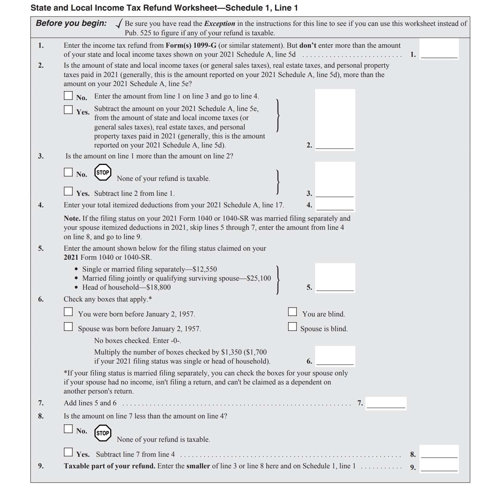 state and local income tax refund worksheet