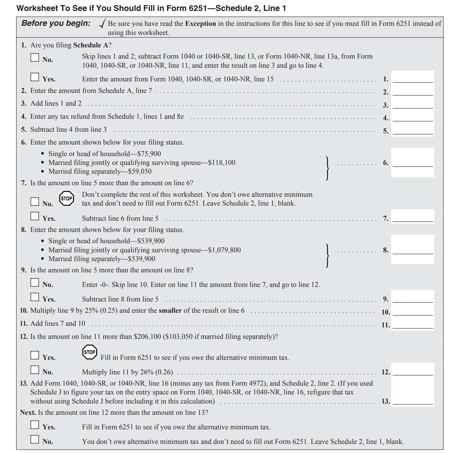 worksheet to see if you should fill in IRS Form 6251