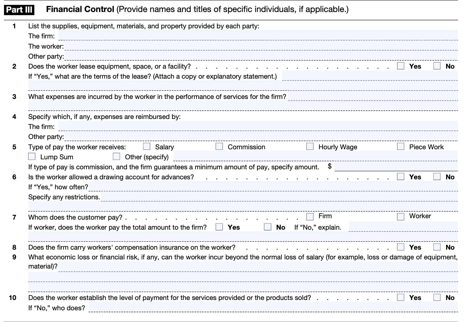 Form ss-8, part III: financial control
