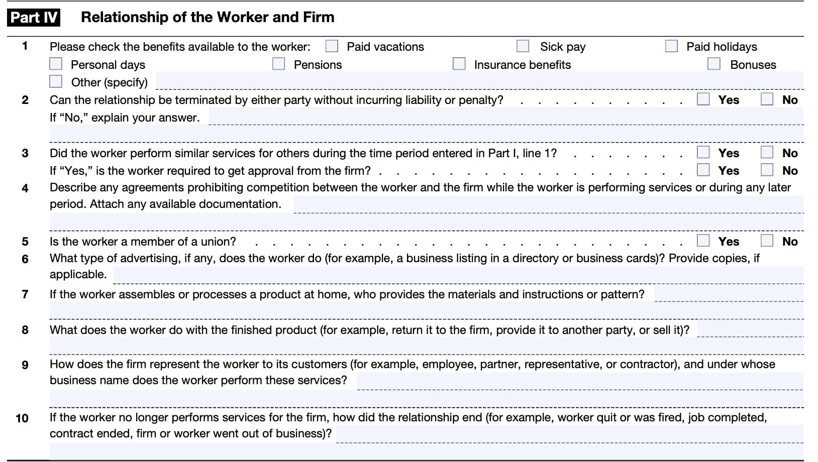 form ss-8, part IV, relationship of the worker and the firm