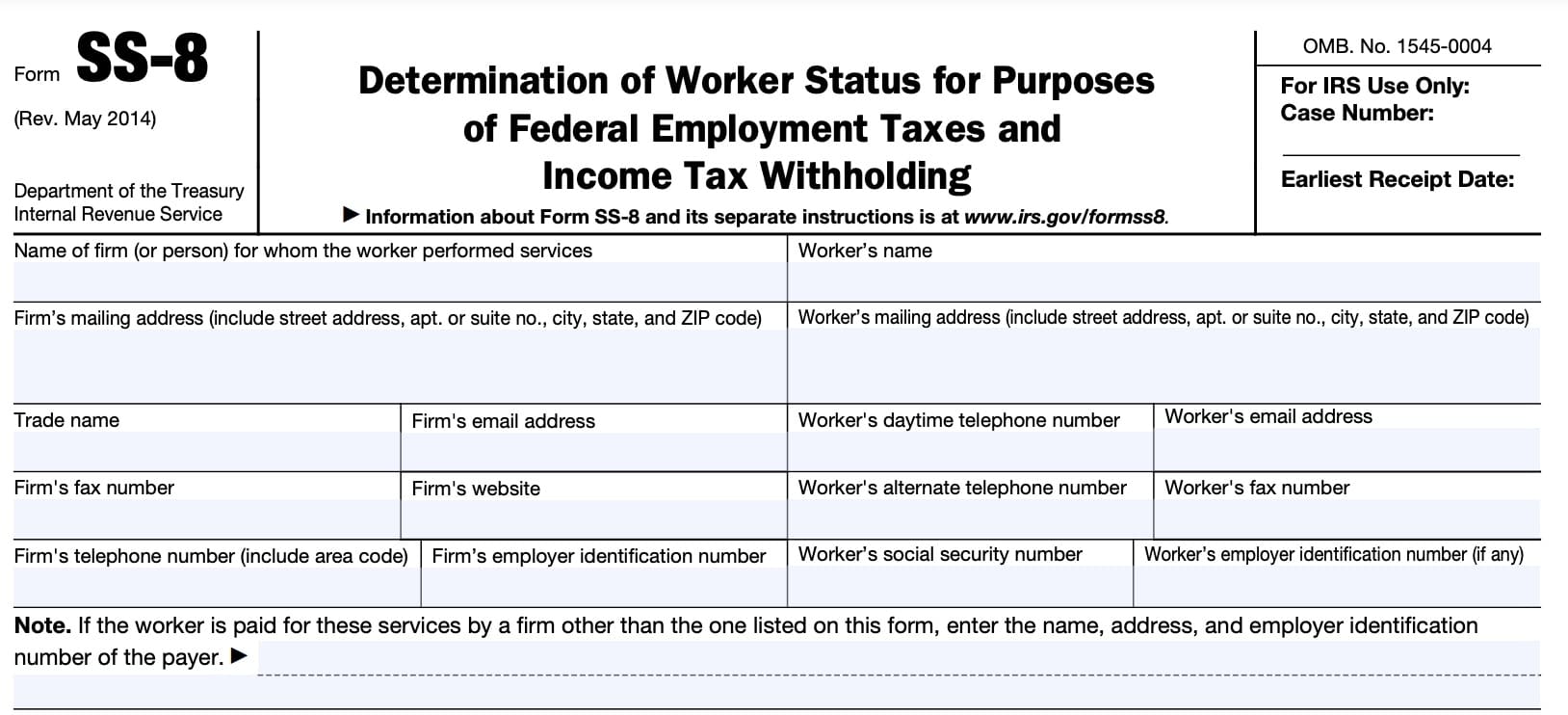 form ss-8, determination of worker status for purposes of federal employment taxes and income tax withholding