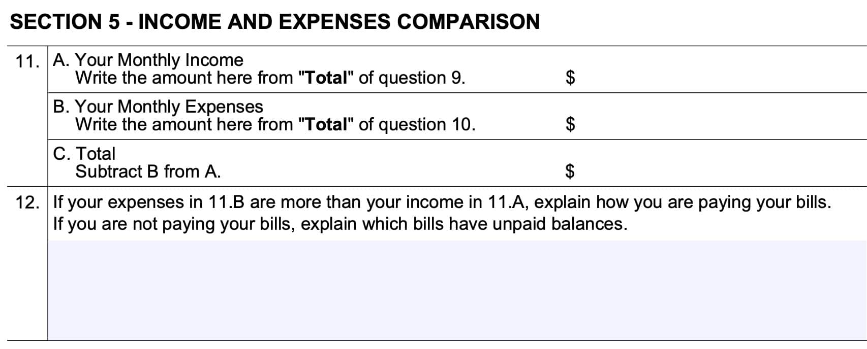 form ssa 634, section 5: income and expenses comparison