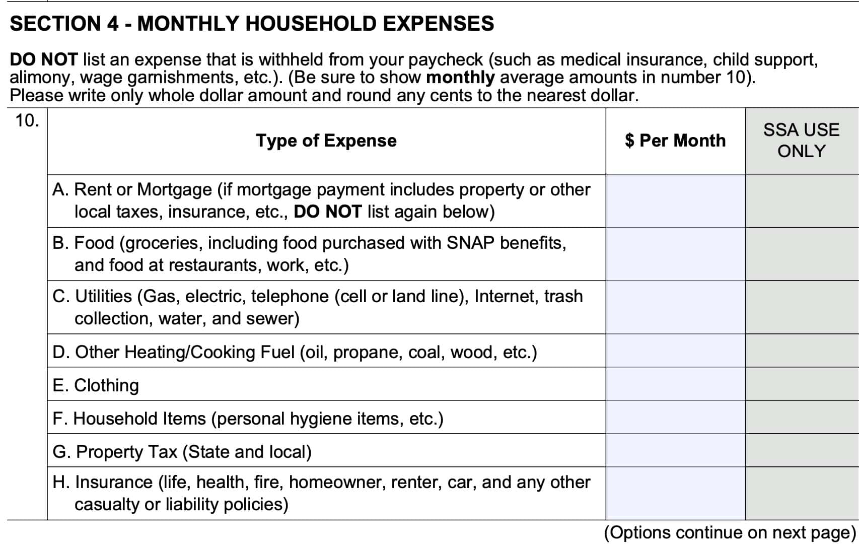 form ssa 634, section 4: monthly household expenses