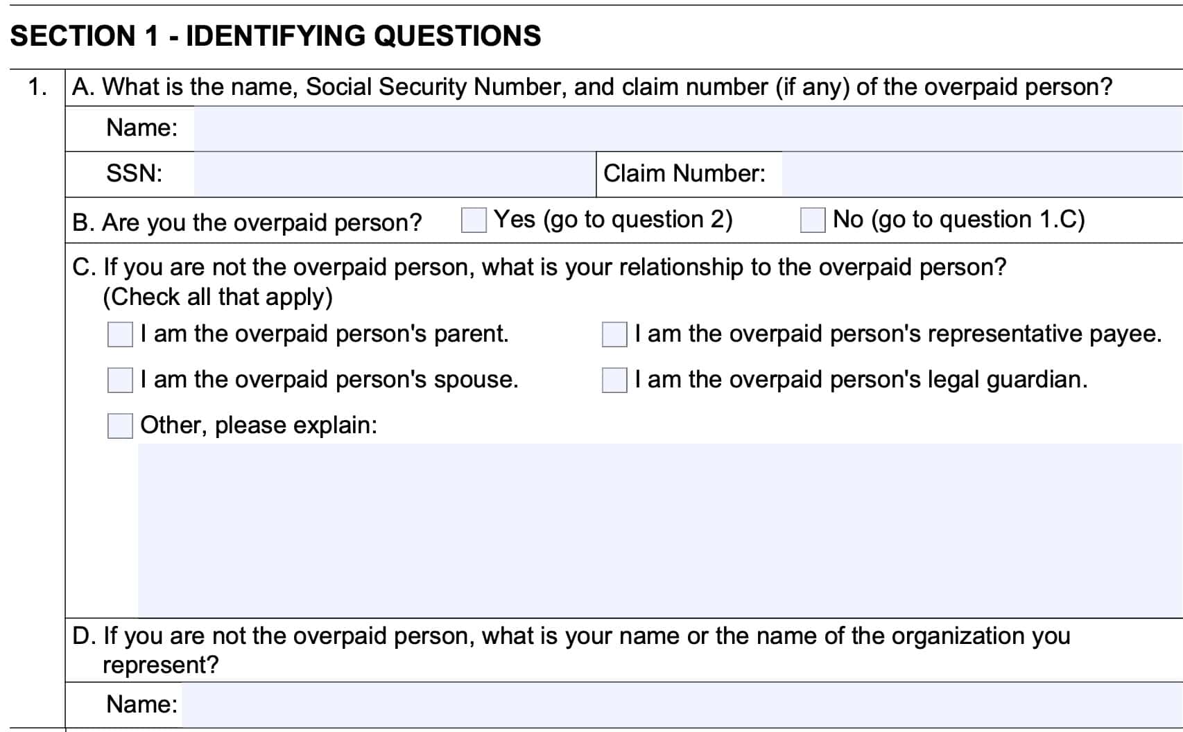 form ssa 634, section 1: identifying questions