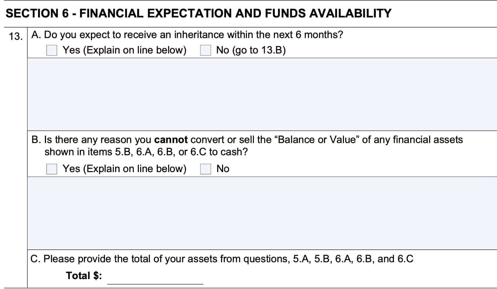 form ssa 634, section 6: financial expectation and funds availability