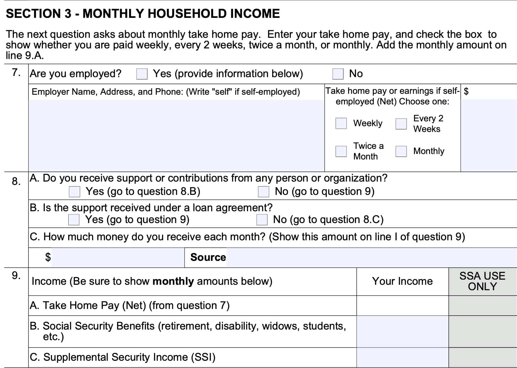 form ssa 634, section 3: monthly household income