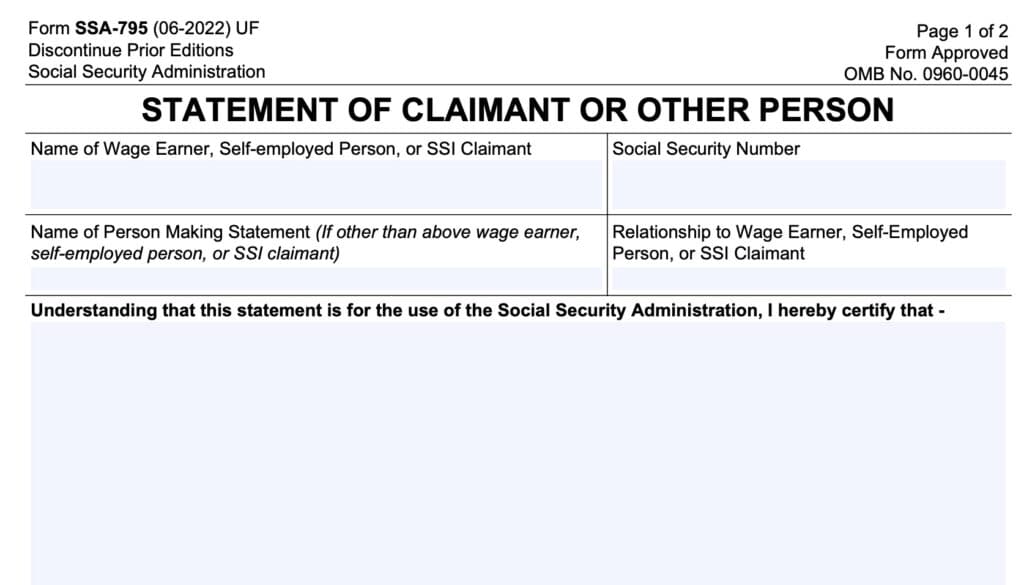 form ssa 795, page 1 contains the claimant's statement