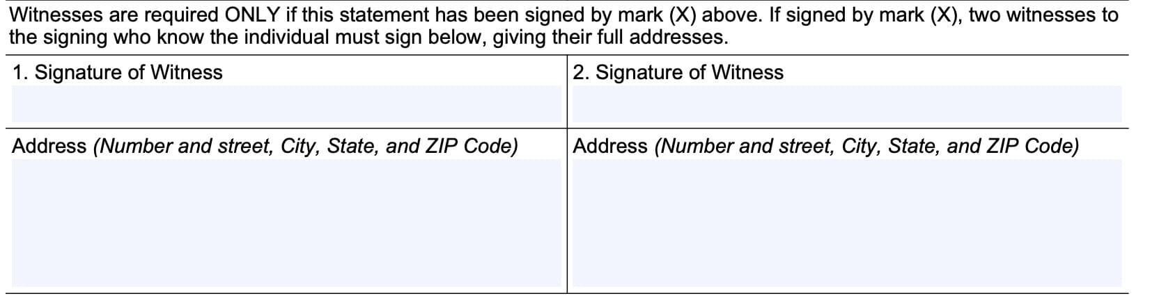 witness signature required only if applicant signs with a mark instead of a signature