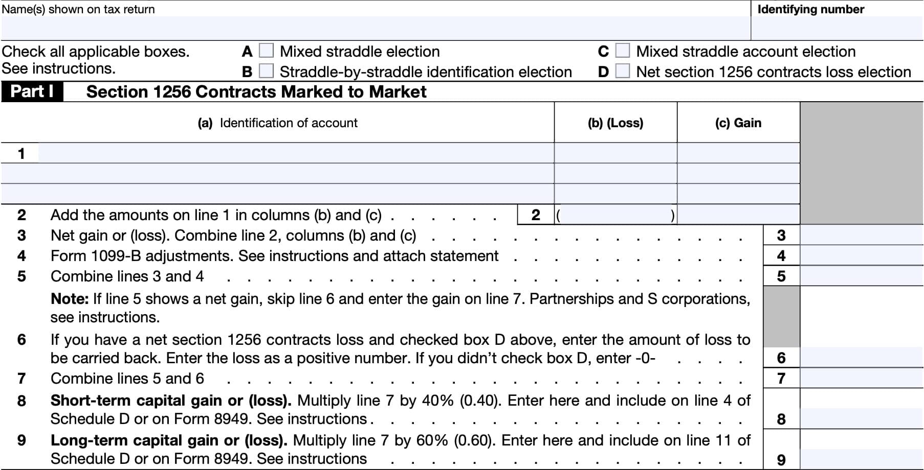 irs form 6781, part i: section 1256 contracts marked to market
