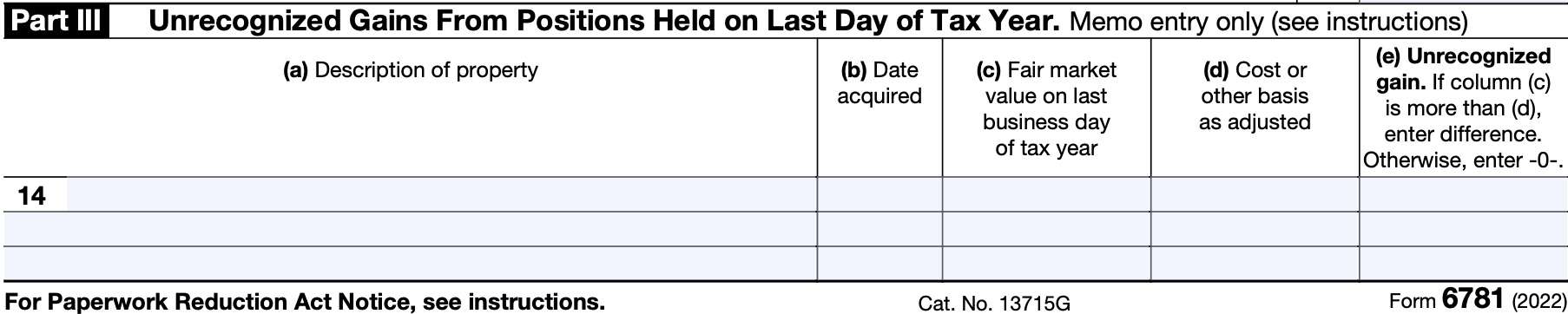 irs form 6781, part III, unrecognized gains from positions held on last day of tax year