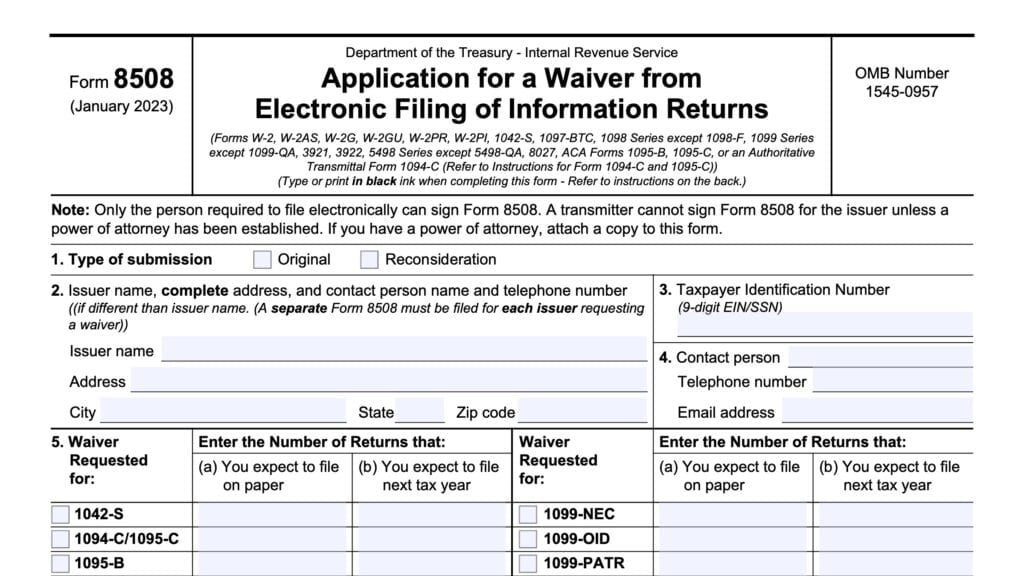 irs form 8508: application for a waiver from electronic filing of information returns