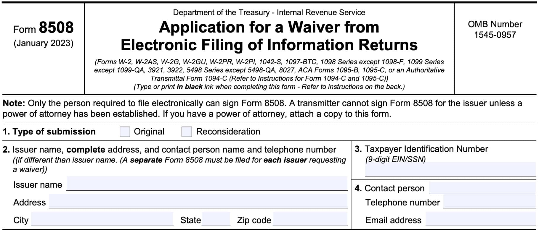 irs form 8508, application for a waiver from electronic filing of information returns, lines 1 through 4