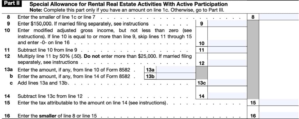 irs form 8582-CR, part II, special allowance for rental real estate activities with active participation