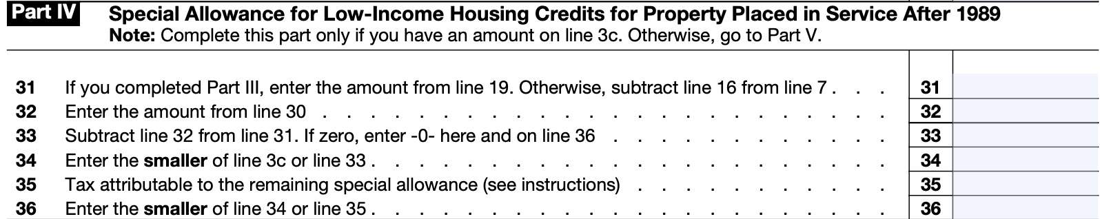 Part IV, special allowance for low-income housing credits for property placed in service after 1989