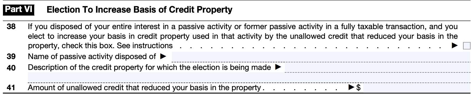 IRS form 8582-CR, Part VI, election to increase basis of credit property
