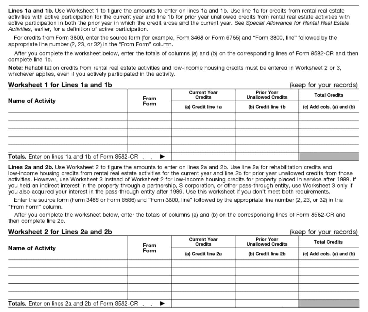 irs form 8582-cr, worksheets 1 and 2