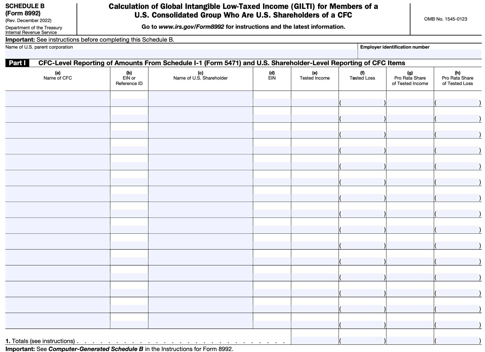 schedule b part i: cfc-level reporting of amounts from Schedule I-1 (Form 5471) and U.S. Shareholder-level reporting of CFC items, columns (a) through (h)