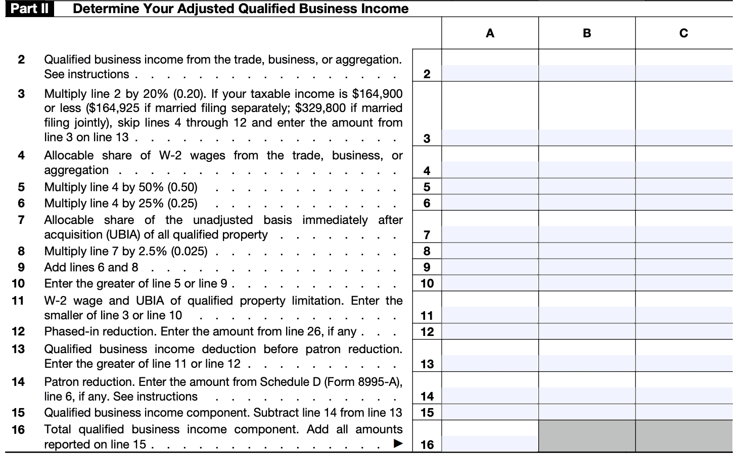 irs form 8995-a part II, determine adjusted QBI income