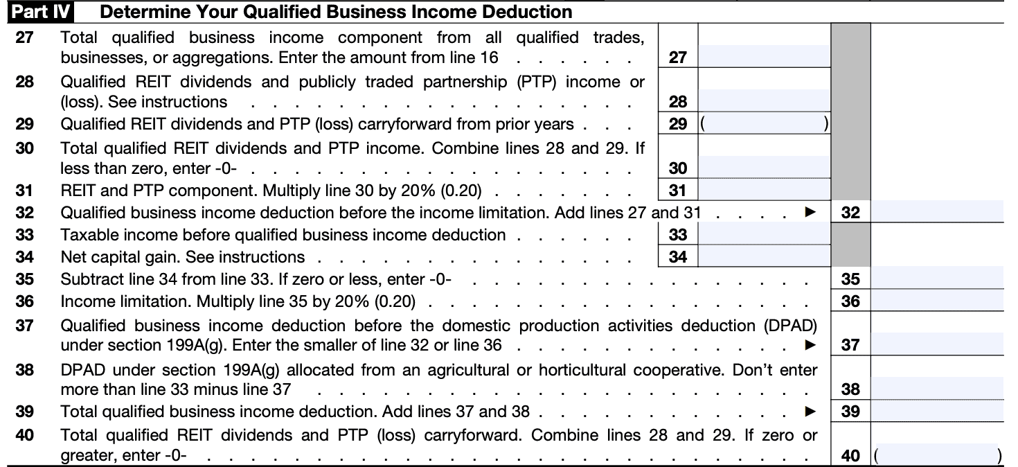 irs form 8995-a, part IV: Determine your qualified business income deduction