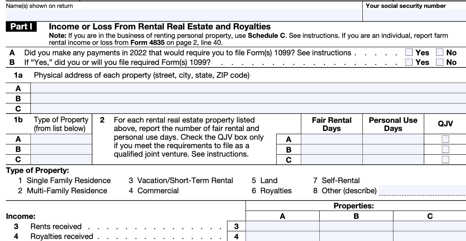 IRS Schedule E, Part I: Income or loss from rental real estate and royalties