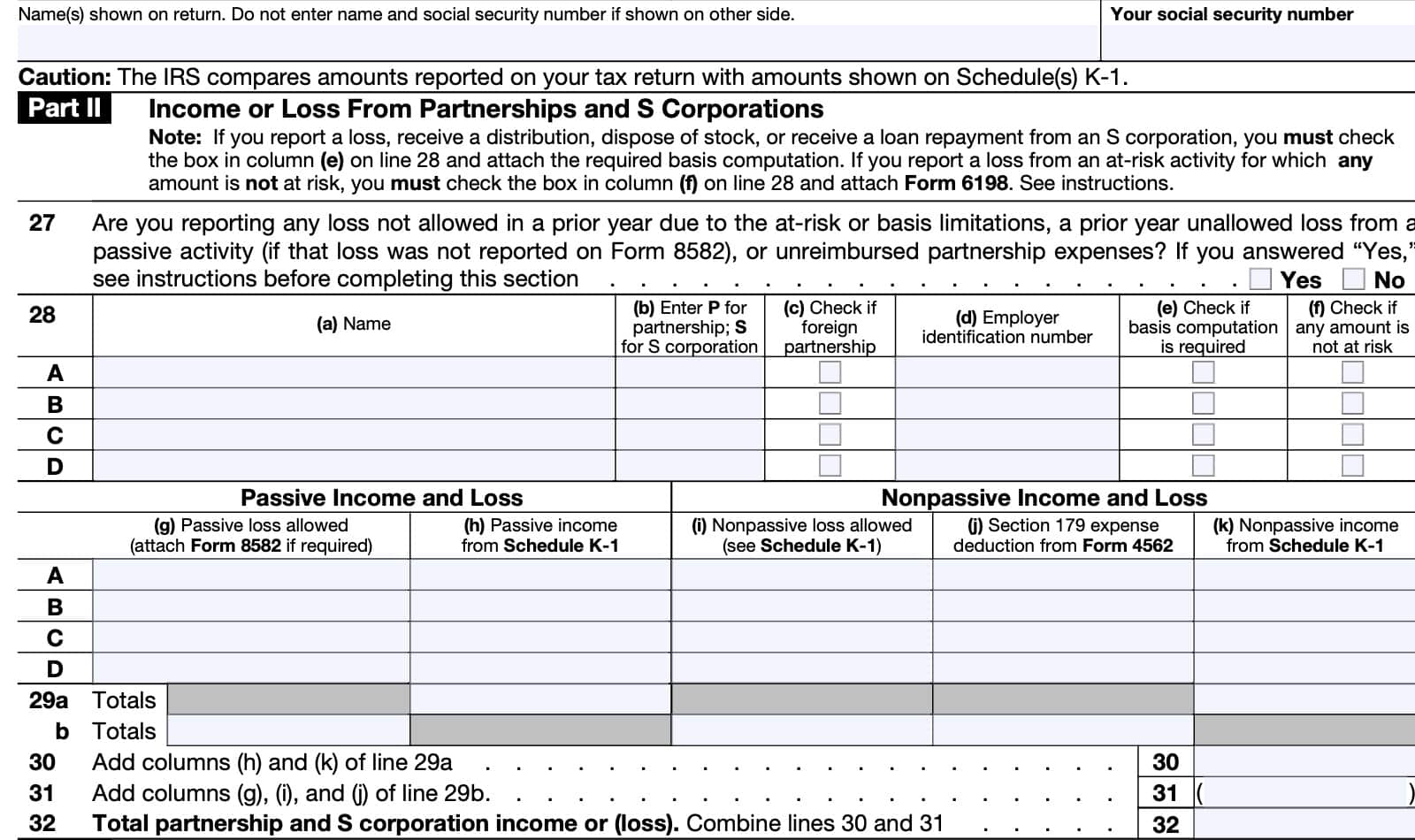 IRS Schedule E, Part II: Income or loss from partnerships and s corporations