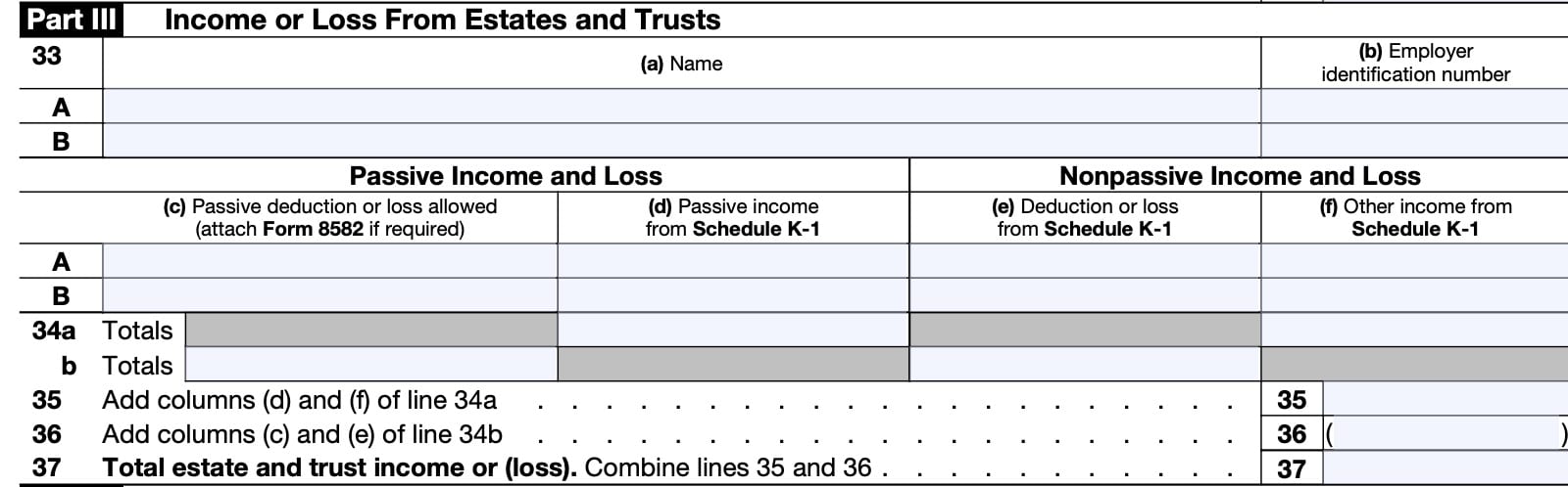 IRS Schedule E, Part III: Income or Loss from Estates and Trusts