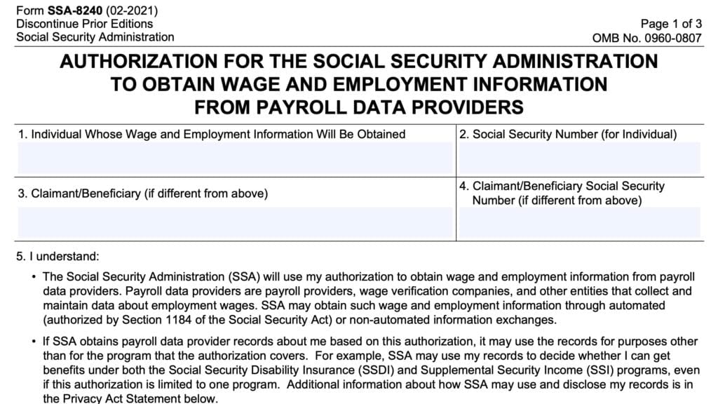 form ssa 8240, authorization for the social security administration to obtain wage and employment information from payroll data providers