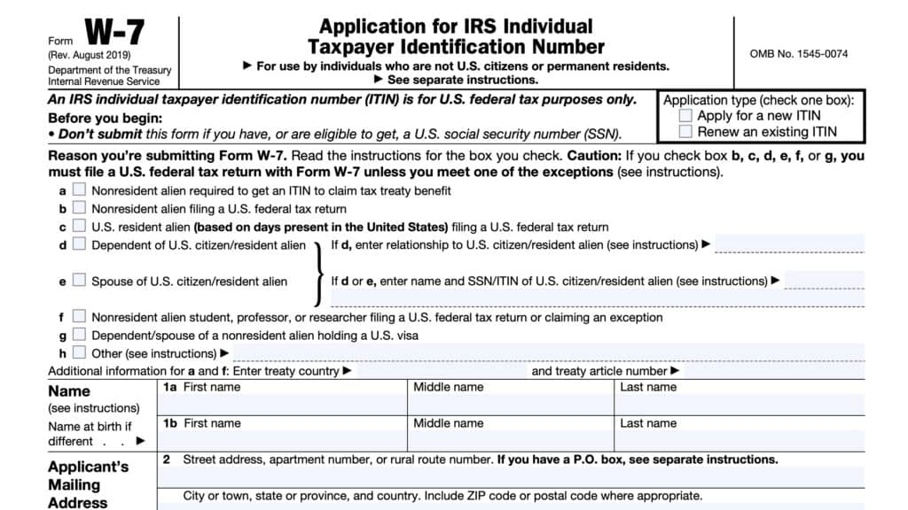 irs form w-7, application for IRS individual taxpayer identification number