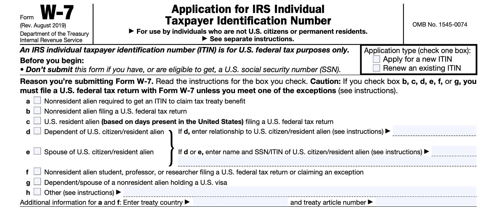 Form W-7, application for IRS individual taxpayer identification number, top
