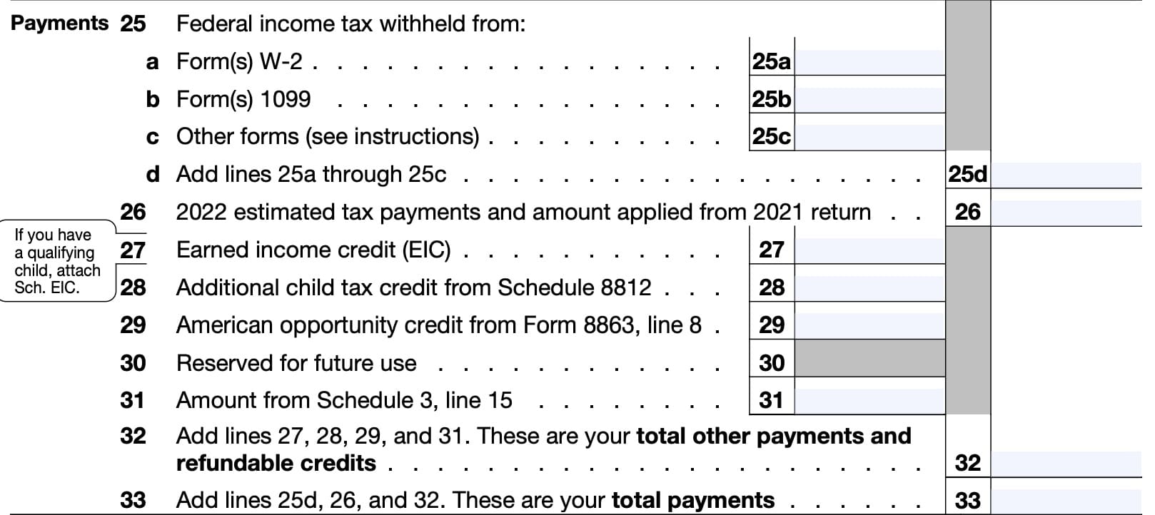 irs form 1040-sr, payments, lines 25 through 33