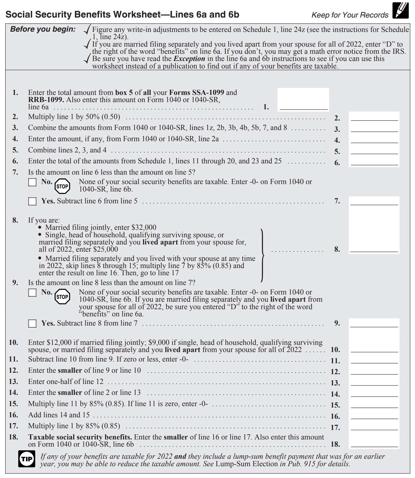 irs form 1040-sr social security benefits worksheet (for line 6b)