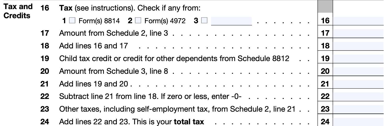 irs form 1040-sr, tax and credits, lines 16 through 24
