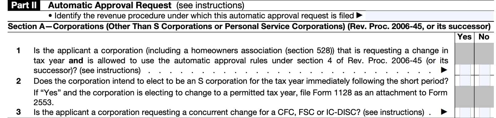 irs form 1128, part ii, section a, corporations
